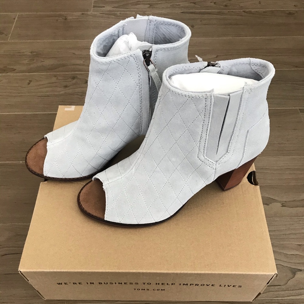 TOMS High Rise Suede Quilted Peep Toe Bootie